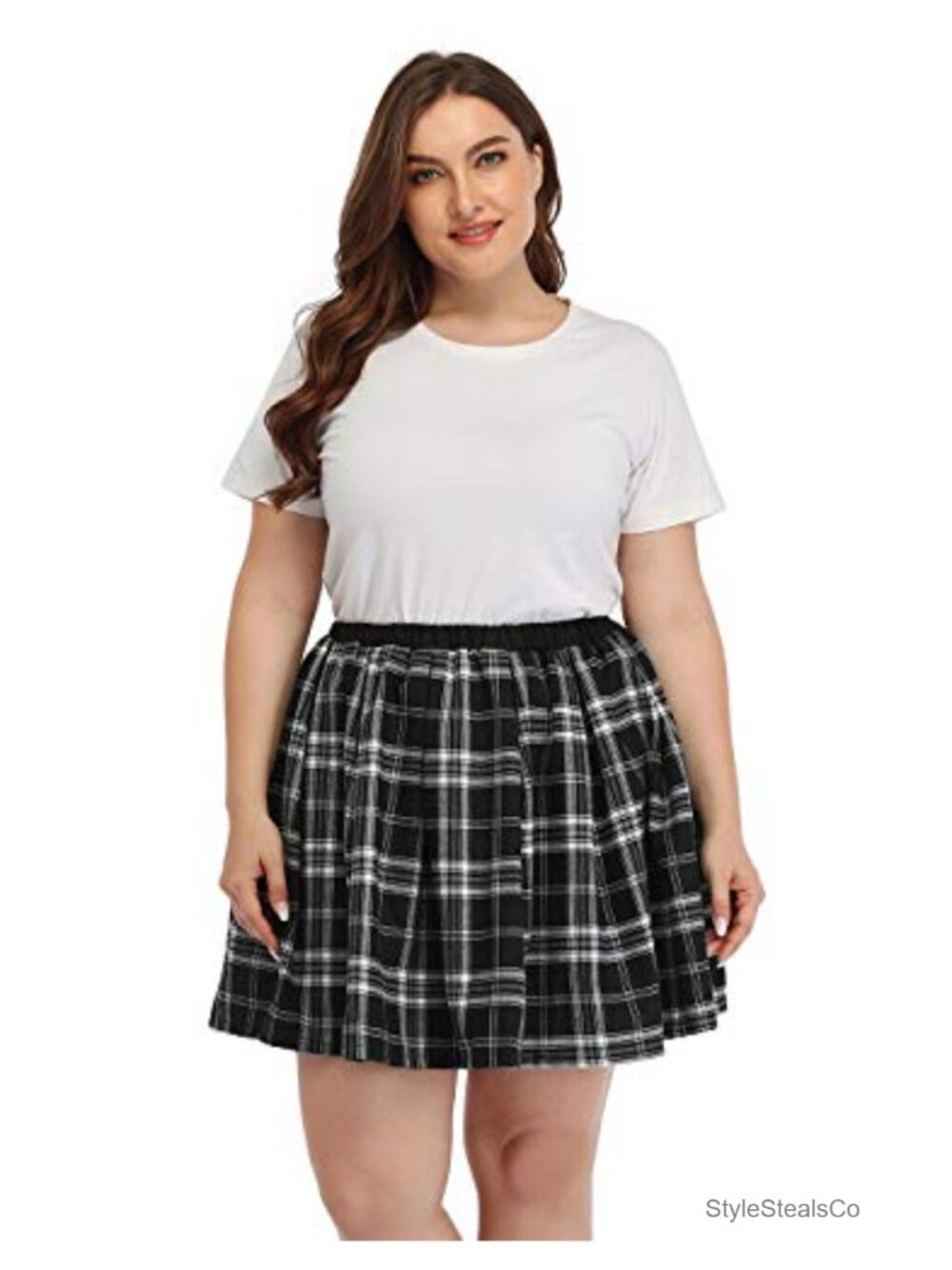 Plus Size Plaid Pleated Mini Skater Skirt High Rise Elastic Waist